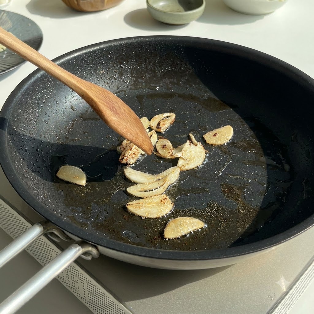 Sliced garlic and chopped onions being sautéed in a frying pan using a wooden spatula.