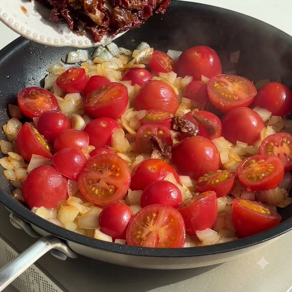 Sun-dried tomatoes being added with tongs into the pan with tomatoes and onions.