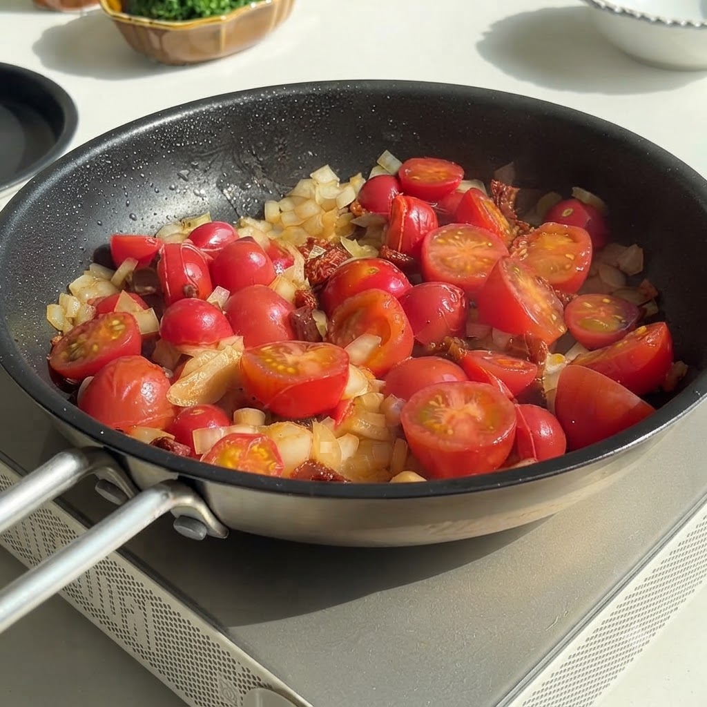 Water pouring from a container into a frying pan filled with halved cherry tomatoes and chopped onions.