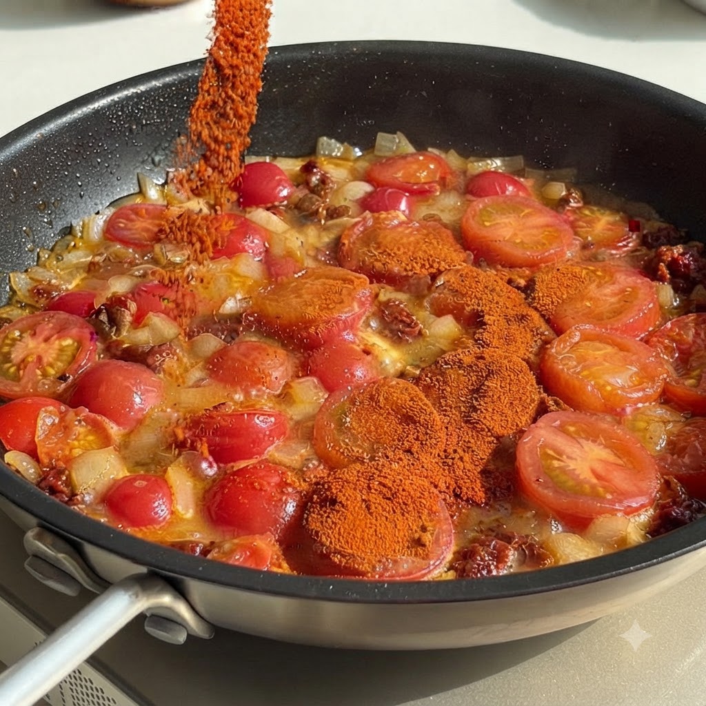 Chili powder being poured from a container into a bubbling pan of tomatoes and onions.