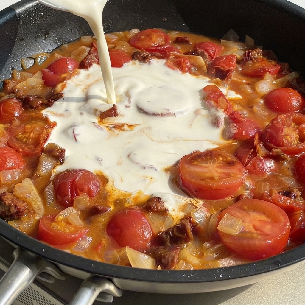 Heavy cream being poured from a carton into the center of a simmering tomato and vegetable pan.