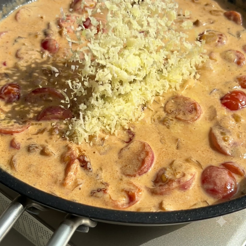 Grated parmesan cheese being sprinkled over a creamy orange sauce in a skillet, with a wooden spatula nearby.