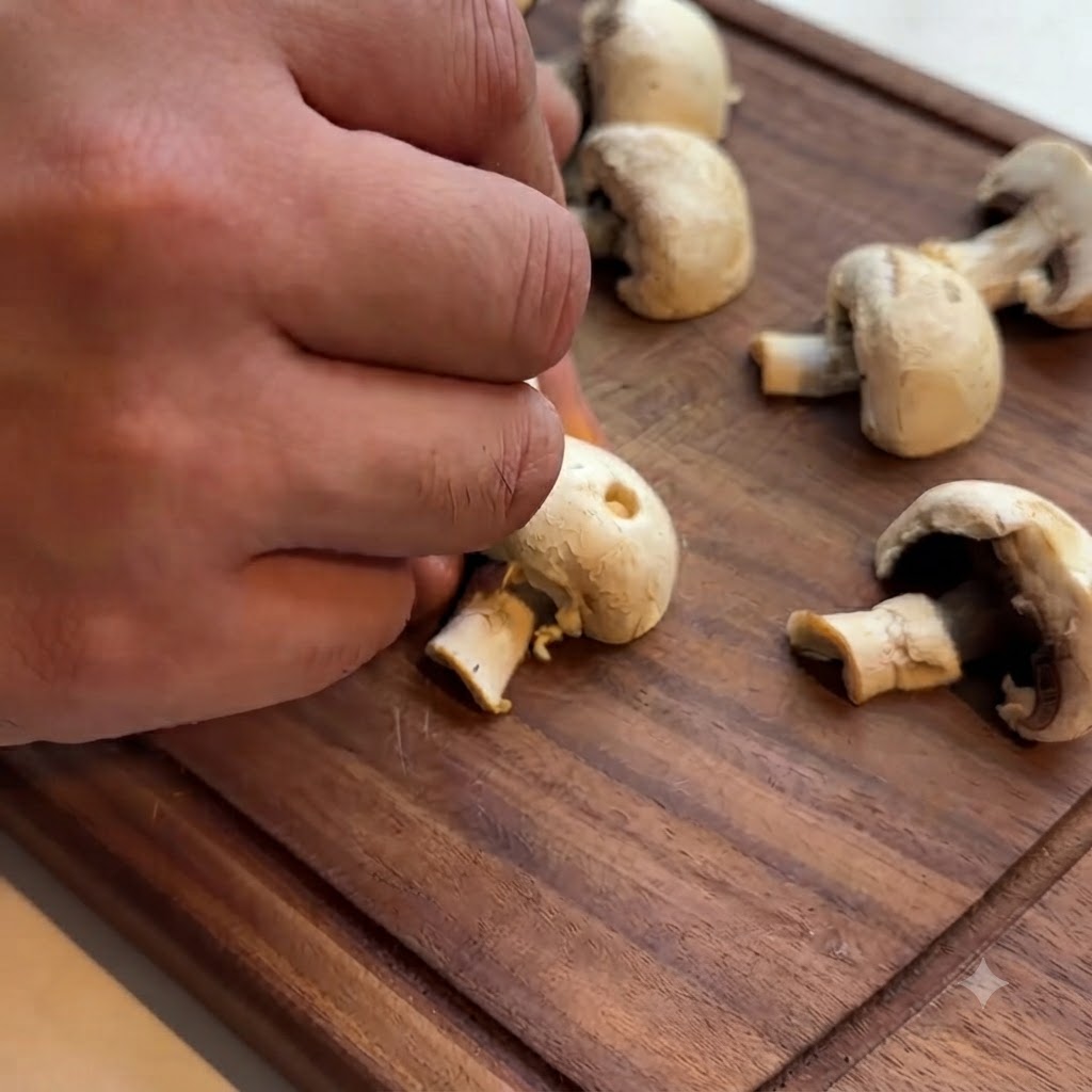 A hand using a small tool to carve facial features into a white button mushroom on a wooden board.