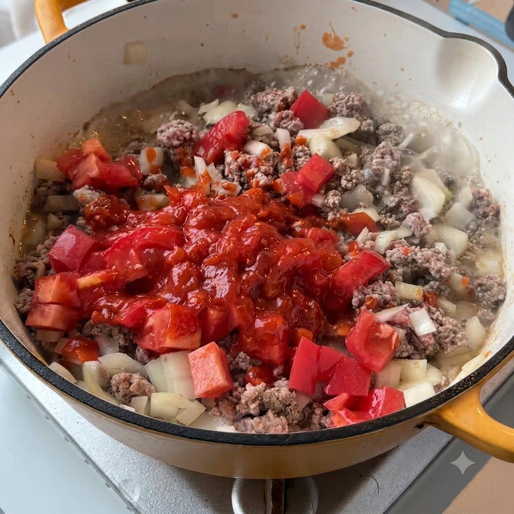 Diced red tomatoes and vibrant red pasta sauce poured over browned beef and onions in a pan.