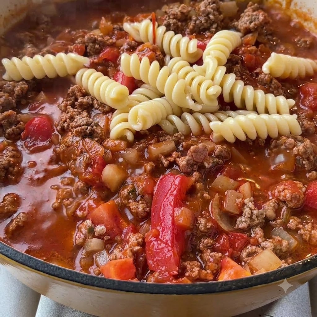 Cooked spiral fusilli pasta resting on top of a bubbling rich red meat and tomato sauce.