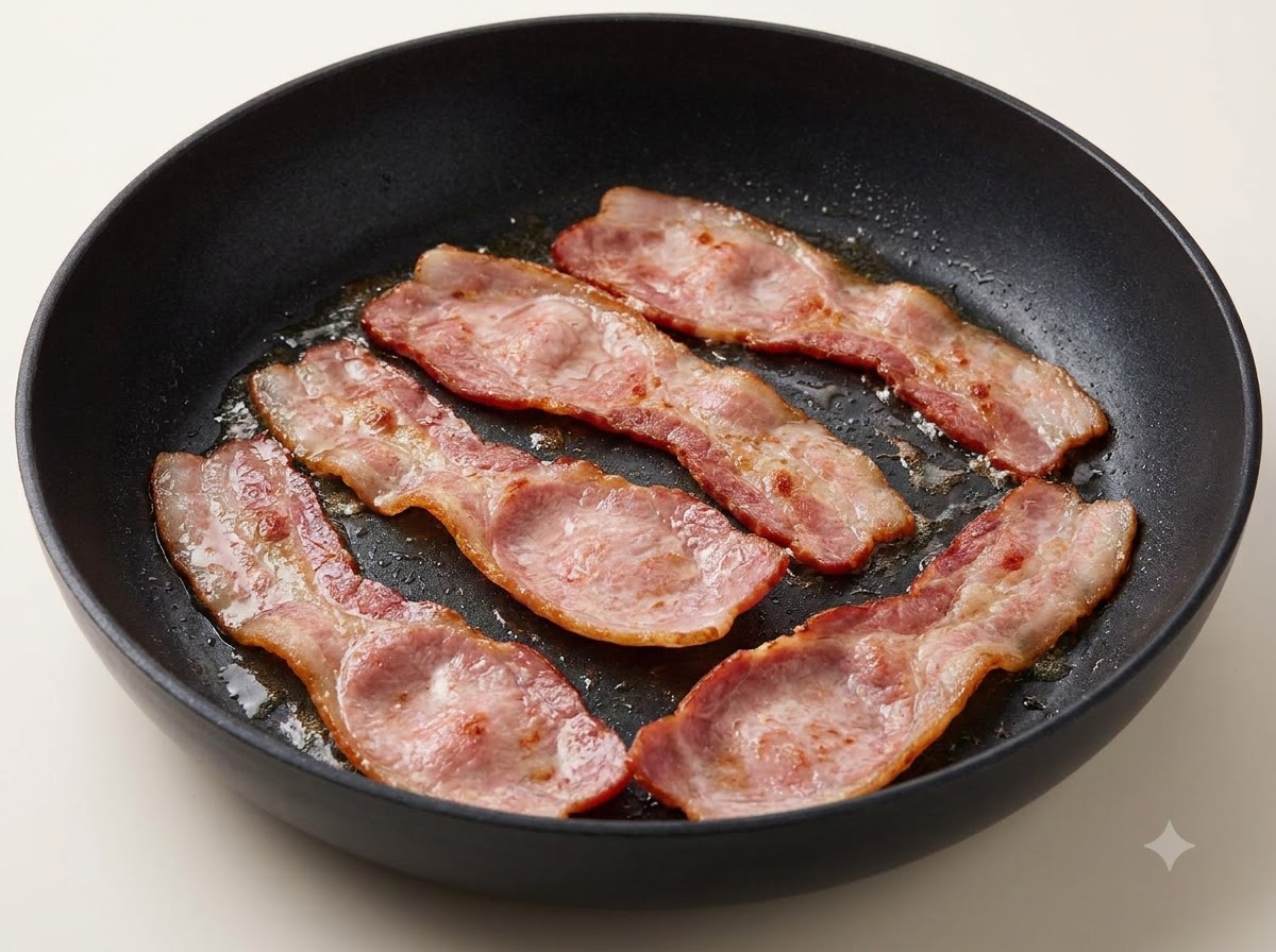 Strips of bacon frying and sizzling in a black skillet.