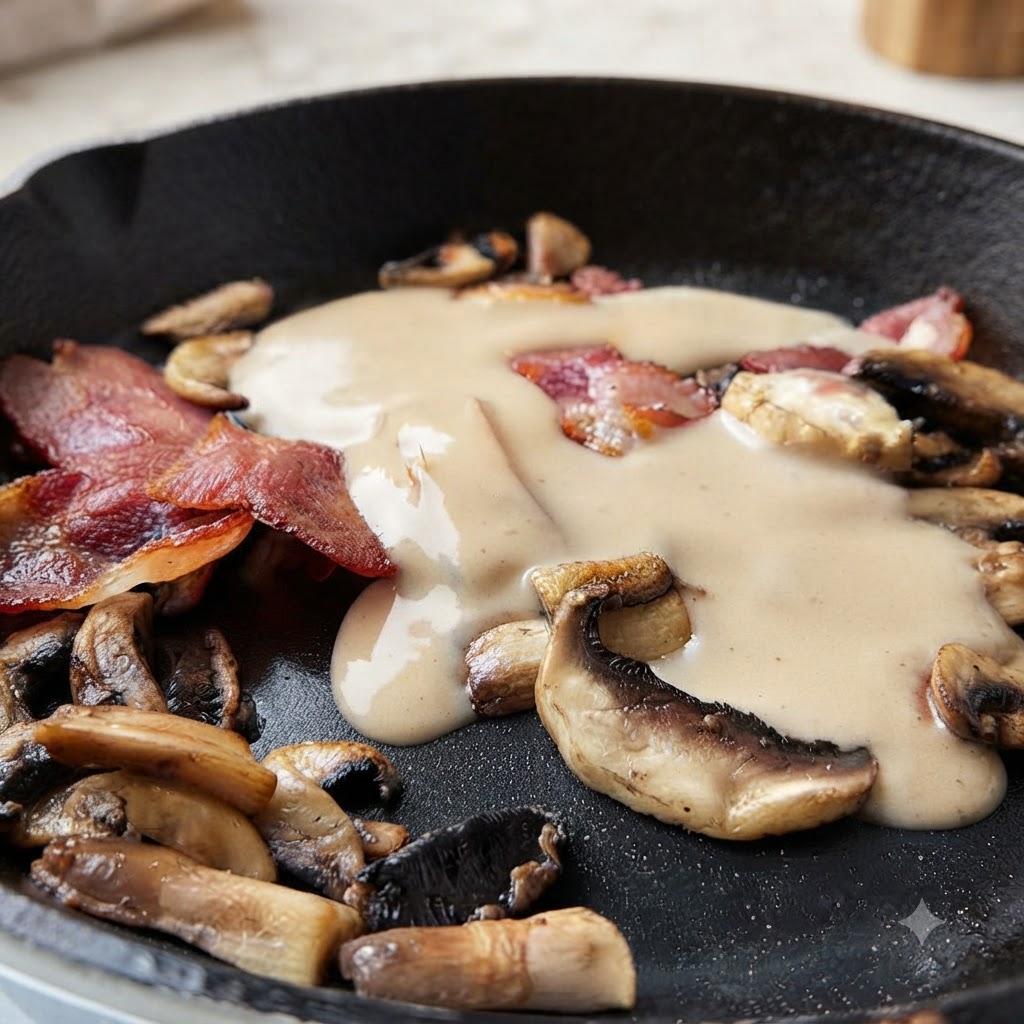 Creamy mushroom soup being poured into a skillet with cooked bacon and mushrooms.