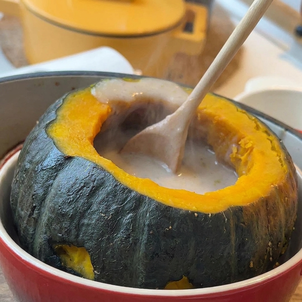 Hot creamy soup being ladled into a carved mini pumpkin container.