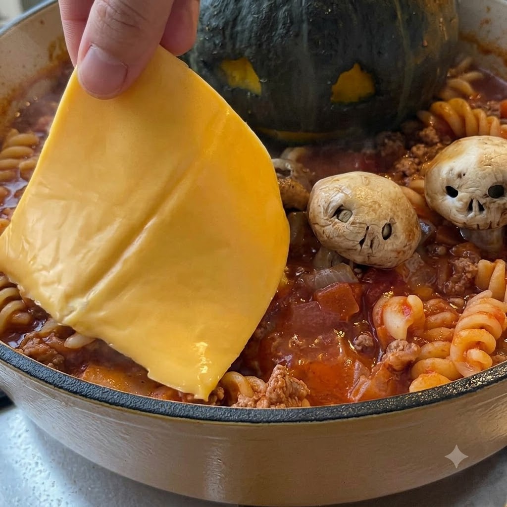 A hand placing a slice of yellow cheese onto hot pasta to create a ghost garnish.