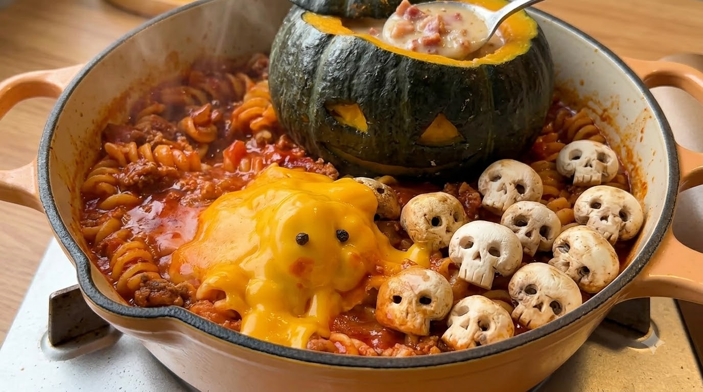 Spooky Halloween Tomato Beef Pasta & Pumpkin Cream Soup