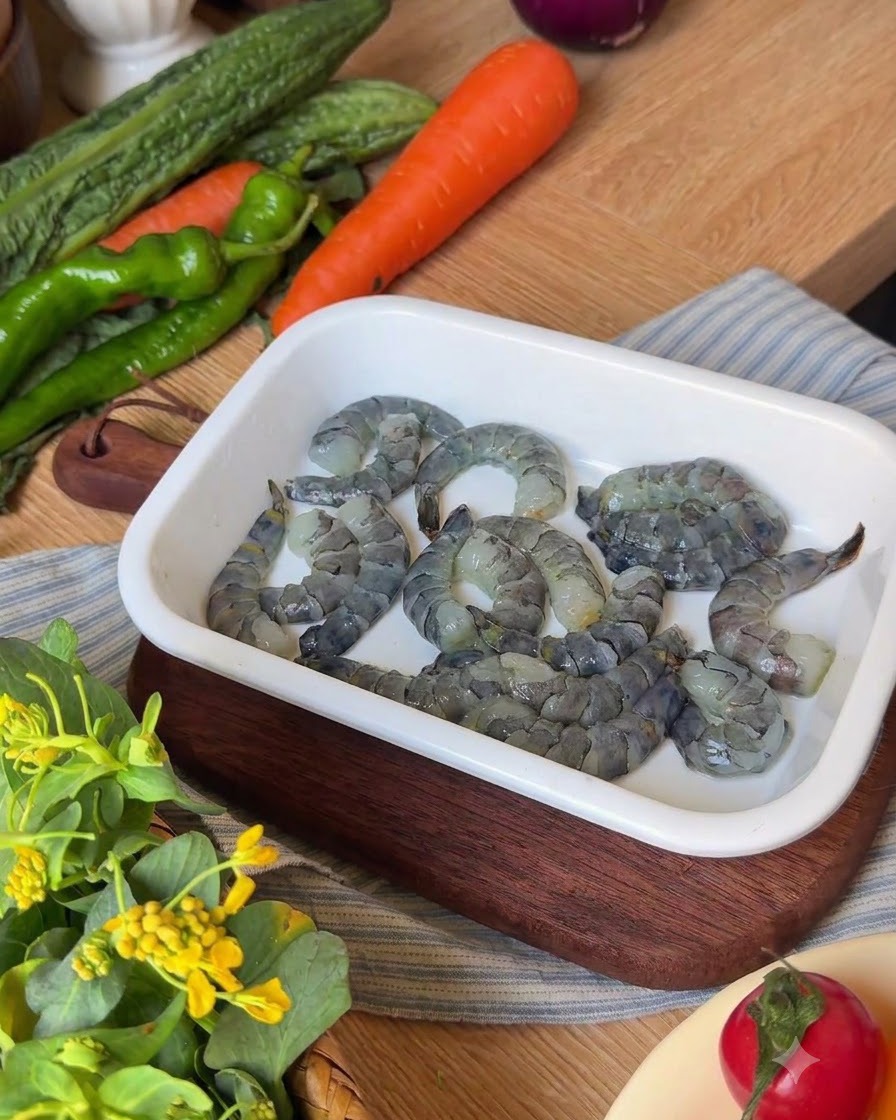 Freshly peeled raw shrimp in a white tray being seasoned with freshly ground black pepper.