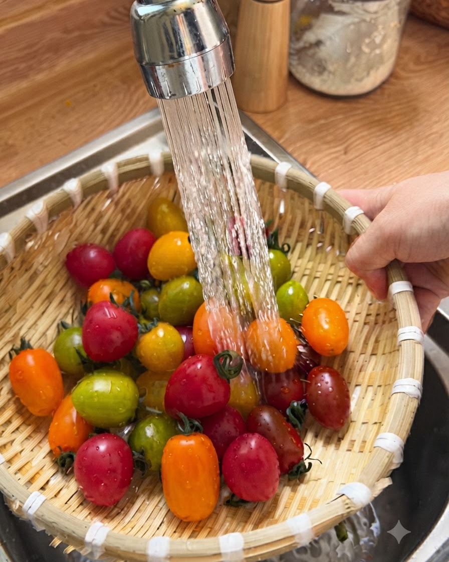 A bamboo strainer filled with multi-colored cherry tomatoes being rinsed under a running kitchen faucet.