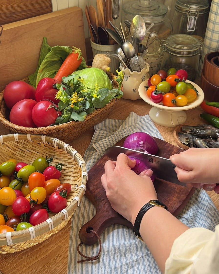 A hand holding a chefs knife slicing a red onion on a dark wooden cutting board.