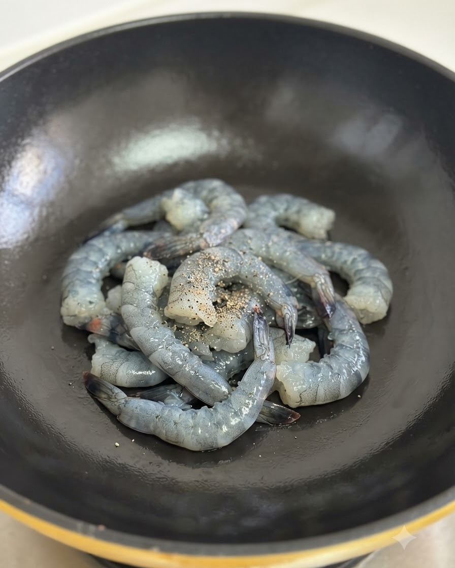 Raw shrimp seasoned with black pepper being fried in a black wok.
