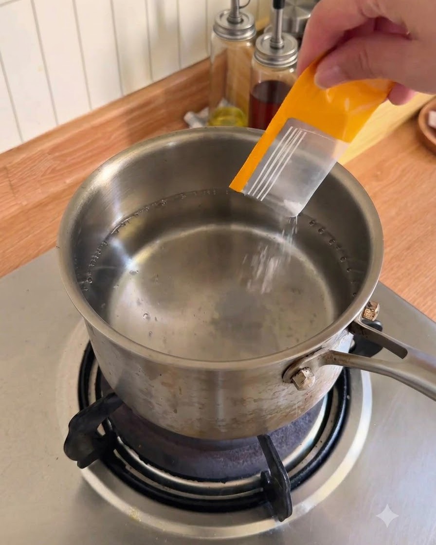 A hand pouring seasoning and oil from a yellow packet into a pot of boiling water on a stove.