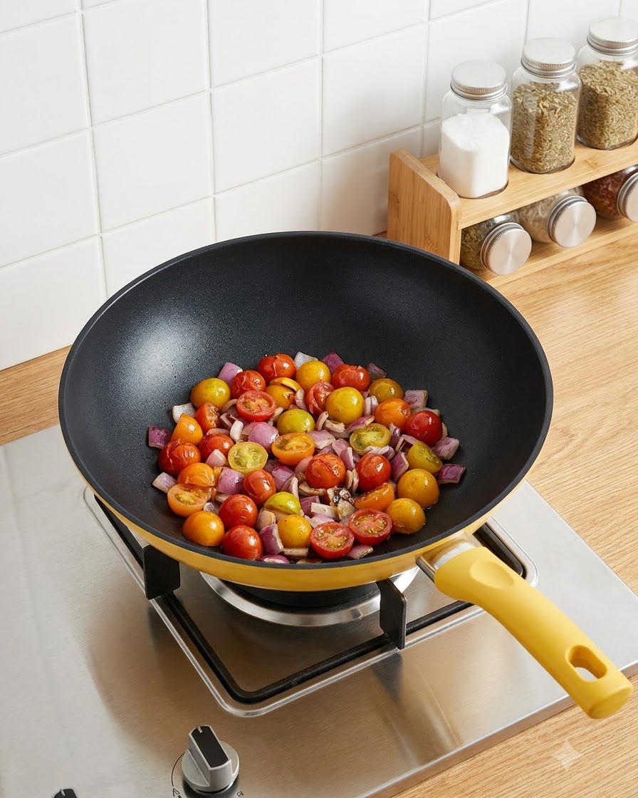 Halved cherry tomatoes being poured from a white bowl into a wok with sautéed onions.
