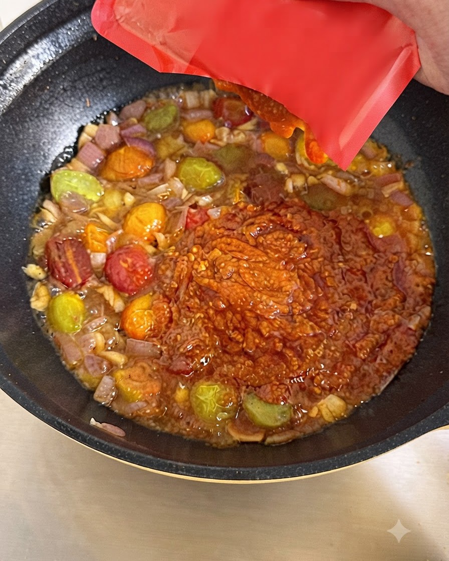Red meat sauce being squeezed from a packet into a wok filled with simmering vegetables and broth.