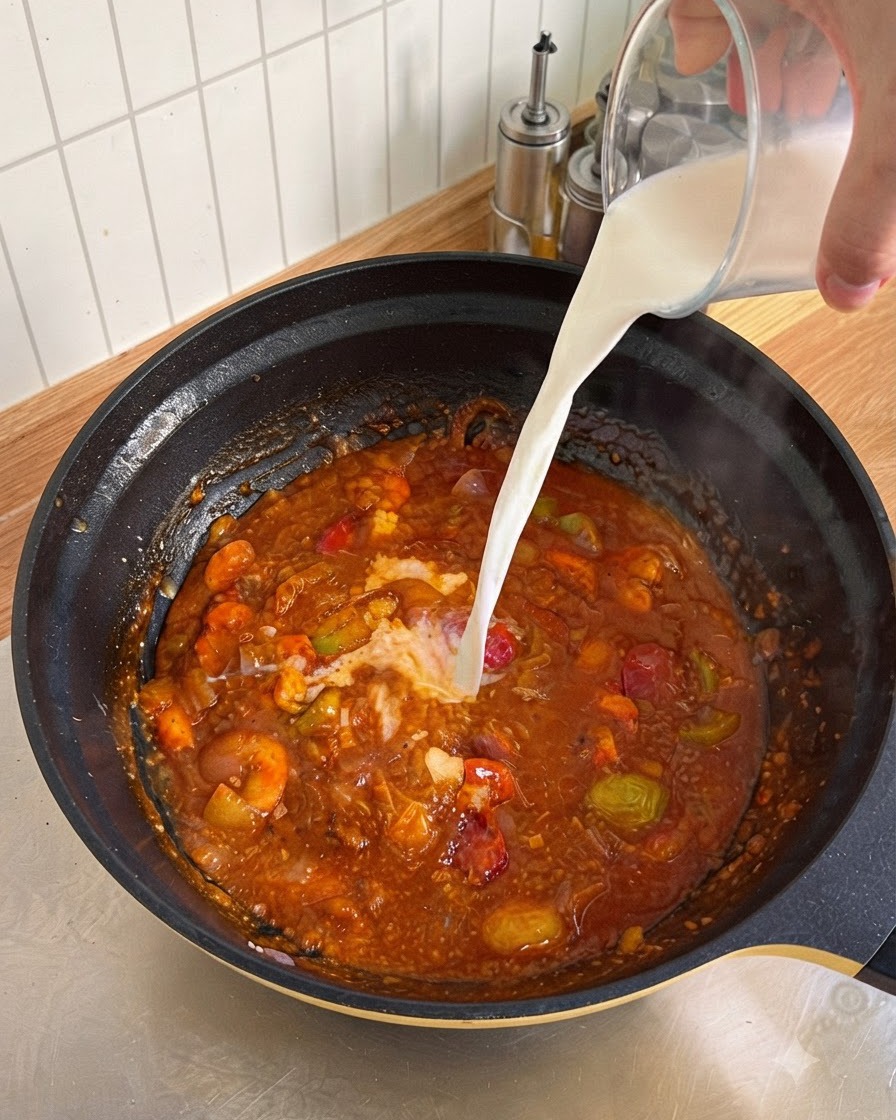 Milk being poured from a glass measuring cup into a pan of simmering tomato and vegetable sauce.