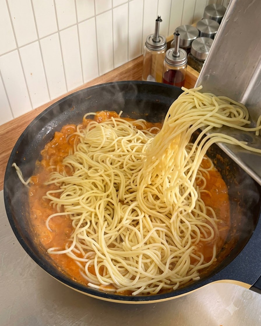 Boiled spaghetti noodles being slid from a metal tray into a large pan of creamy tomato sauce.