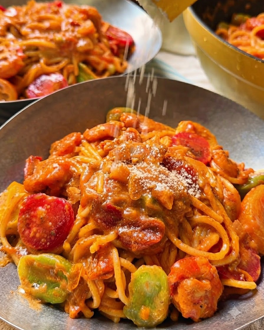Dry cheese powder being sprinkled from above onto a bowl of plated creamy tomato pasta.