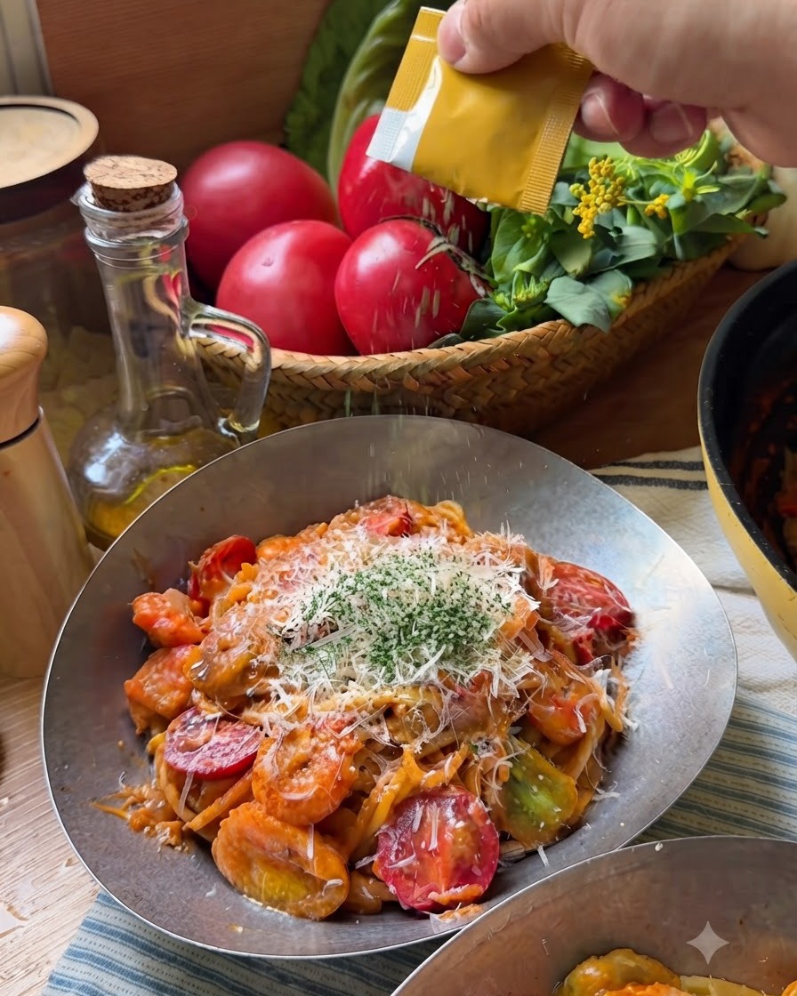 A small yellow packet being held above a bowl of pasta, sprinkling dried green parsley flakes over the melted cheese and tomatoes.