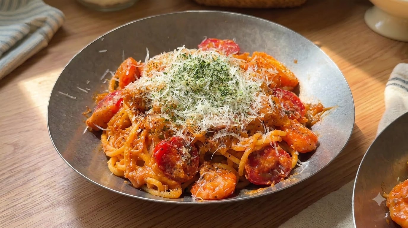 Two generous bowls of creamy tomato shrimp pasta, topped with grated cheese and dried parsley.