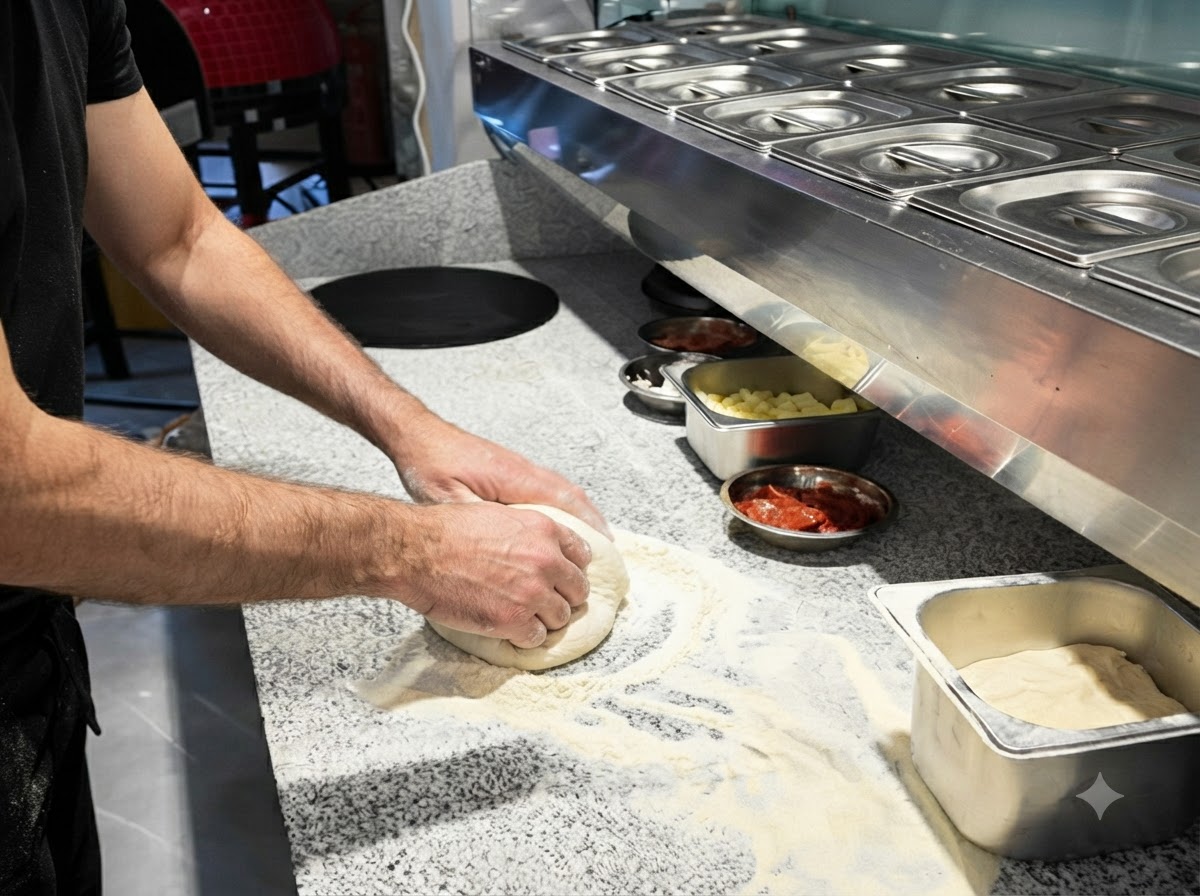 Close-up of hands stretching a ball of pizza dough on a floured countertop.