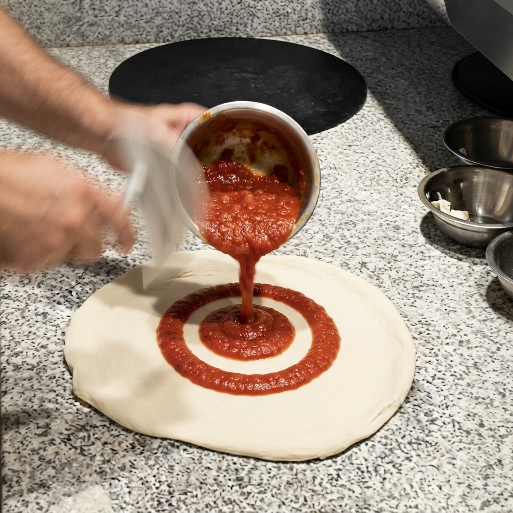 Sun-dried tomato sauce being poured and spread in circles over the pizza dough.
