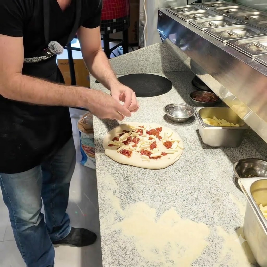 Fresh goat cheese chunks being arranged by hand on top of the pizza.