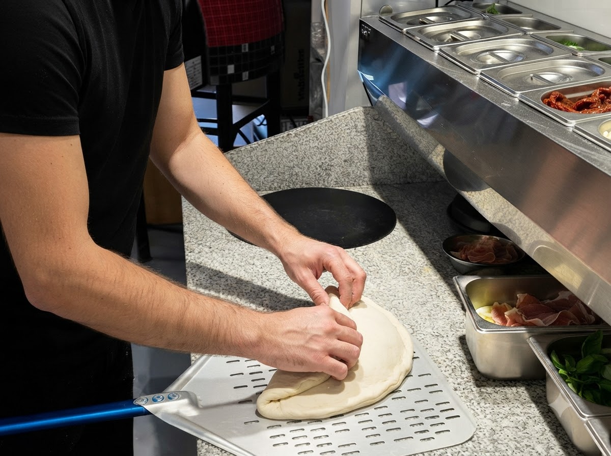 A pizza resting on a metal peel being prepared to slide into a stone dome oven.
