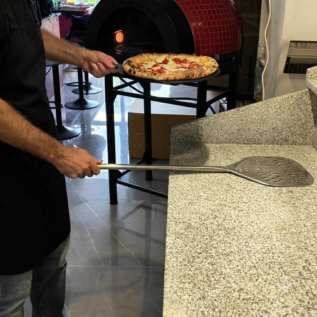 A freshly baked pizza sitting near a brick oven with a metal peel resting on the counter.