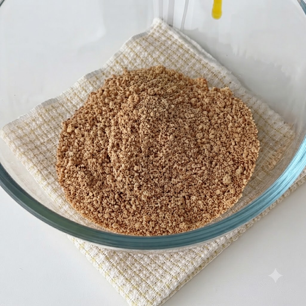 Melted butter being poured over crushed biscuits inside a glass bowl.