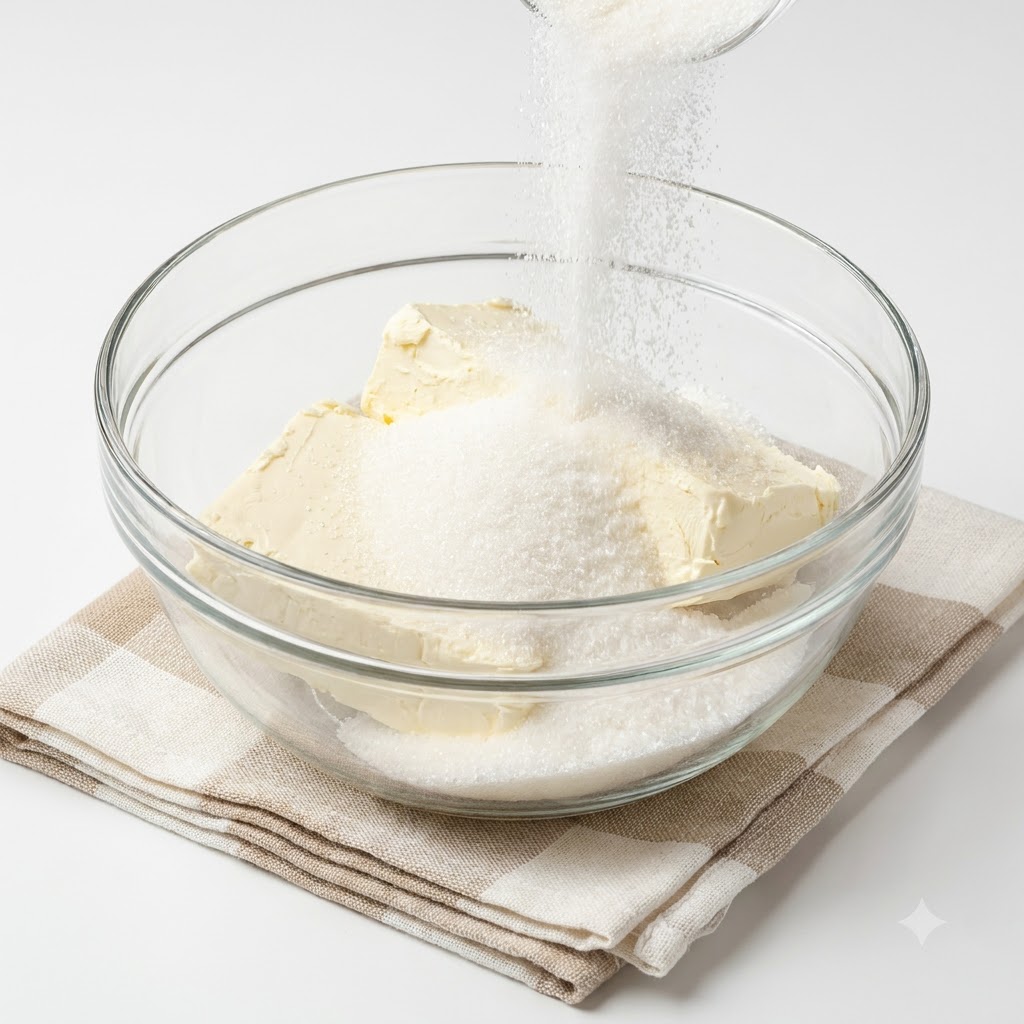 Cream cheese and white sugar blending in a glass bowl.
