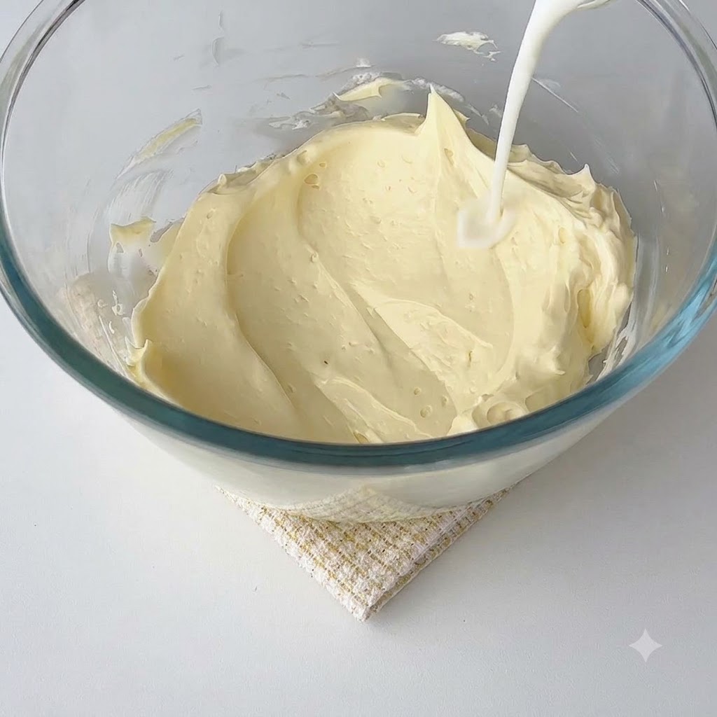 Milk and gelatin mixture being poured into smooth cream cheese.