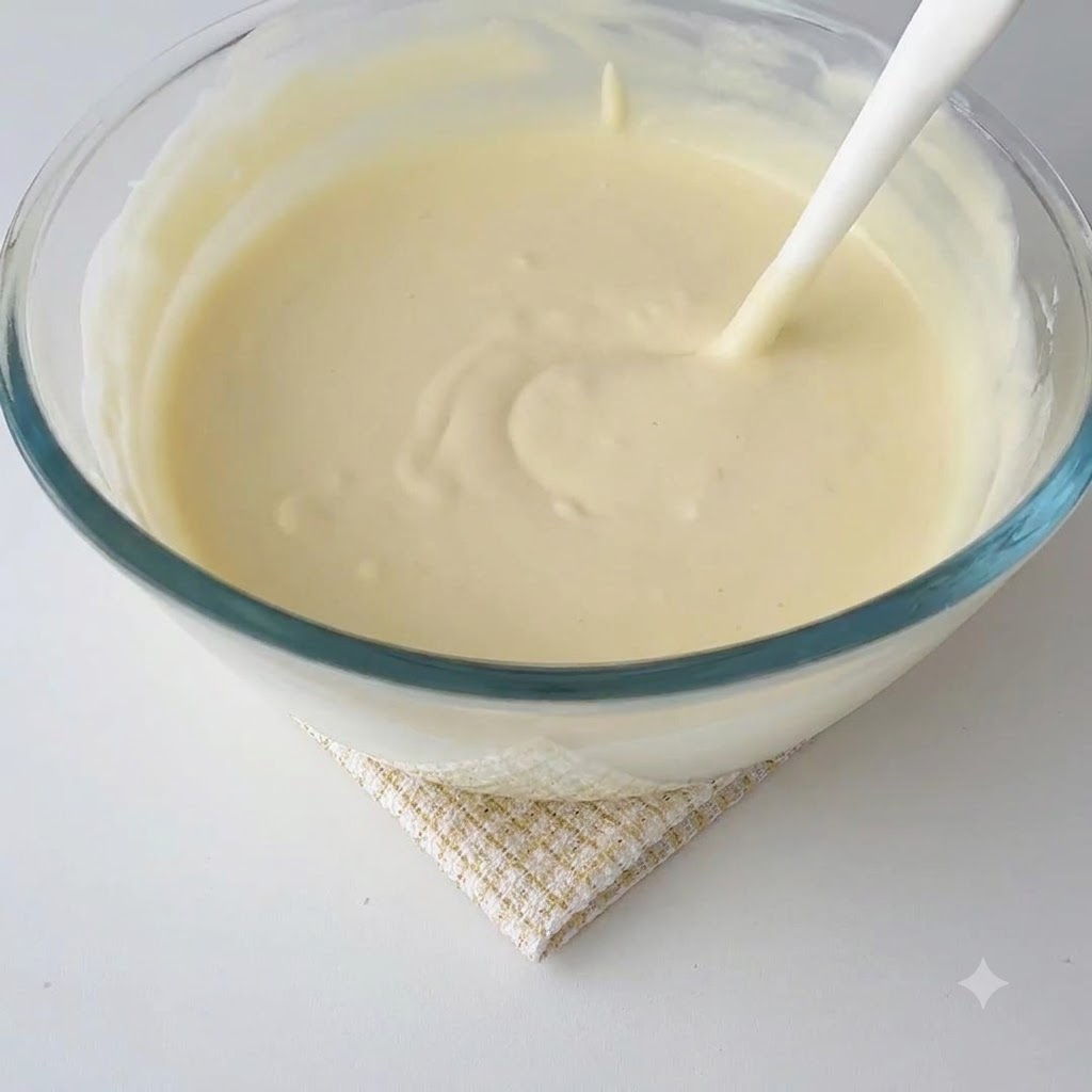 Light cream being incorporated into the cheese batter.