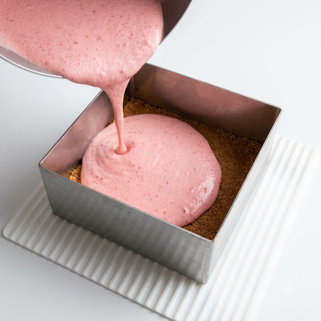 Pink mousse batter being poured from a bowl into a square metal cake ring containing a crushed biscuit layer.