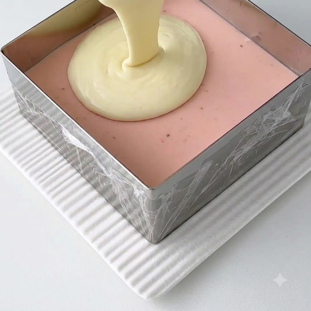 White cheese batter being poured over the set pink mousse layer inside a square metal mold.