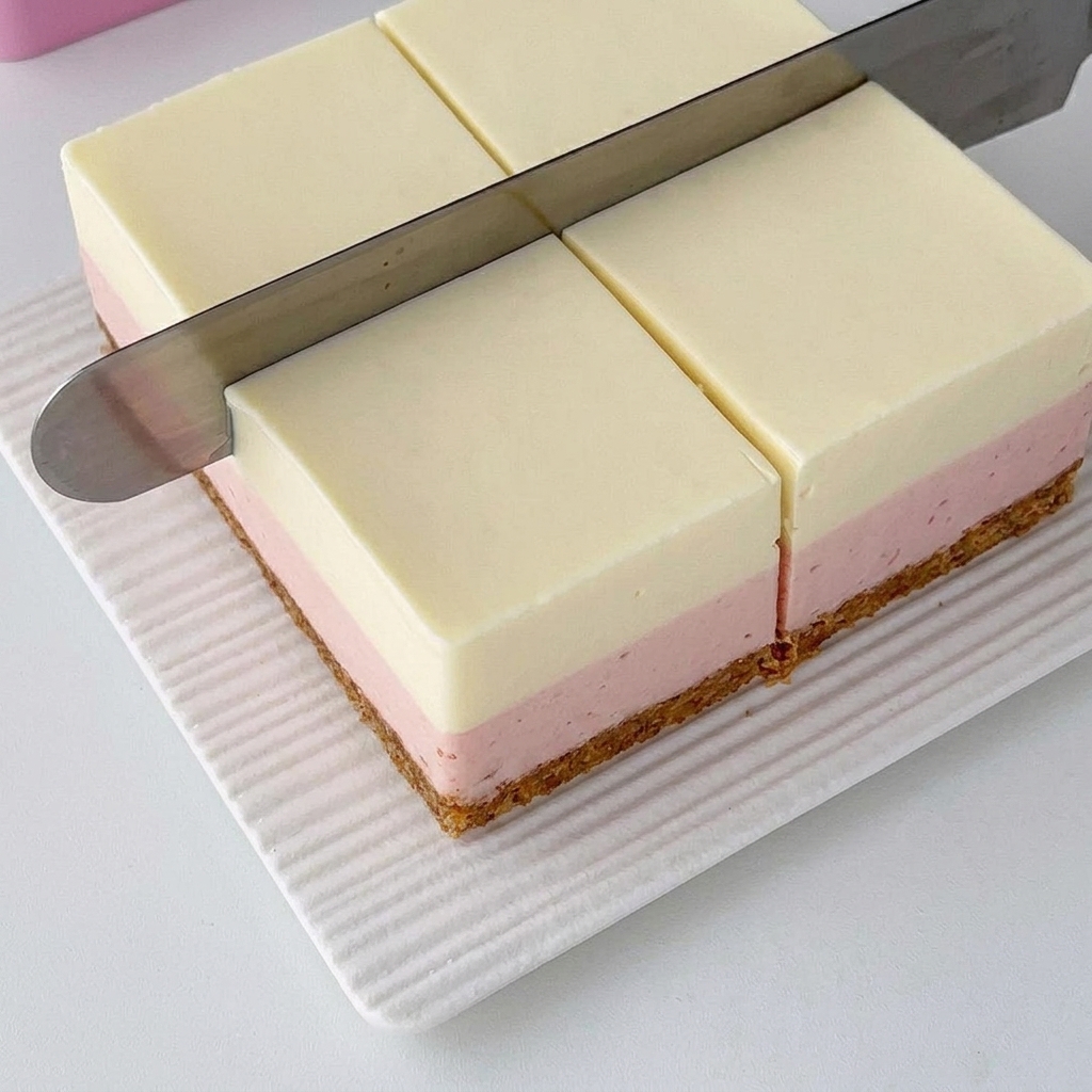 A long metal knife cutting a fully set layered cheesecake into uniform squares on a white textured mat.