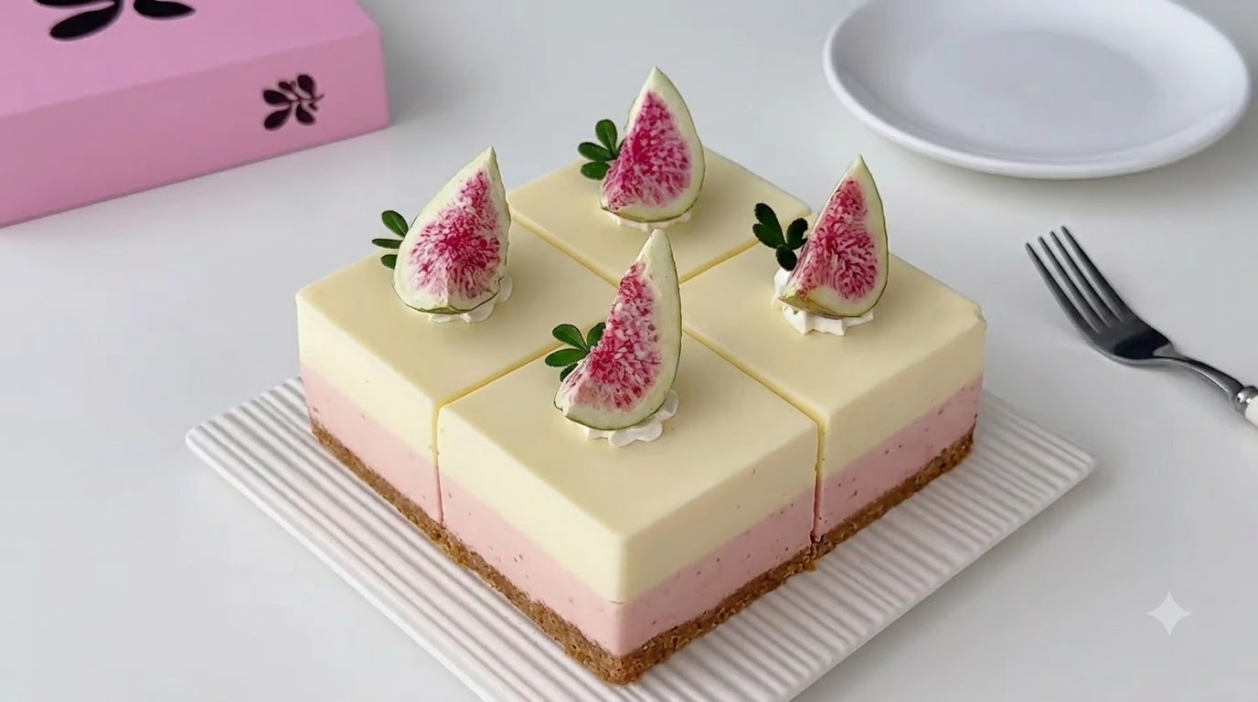Square slices of layered white and pink cheesecake garnished with fresh fig slices on a crisp white platecite: 1.