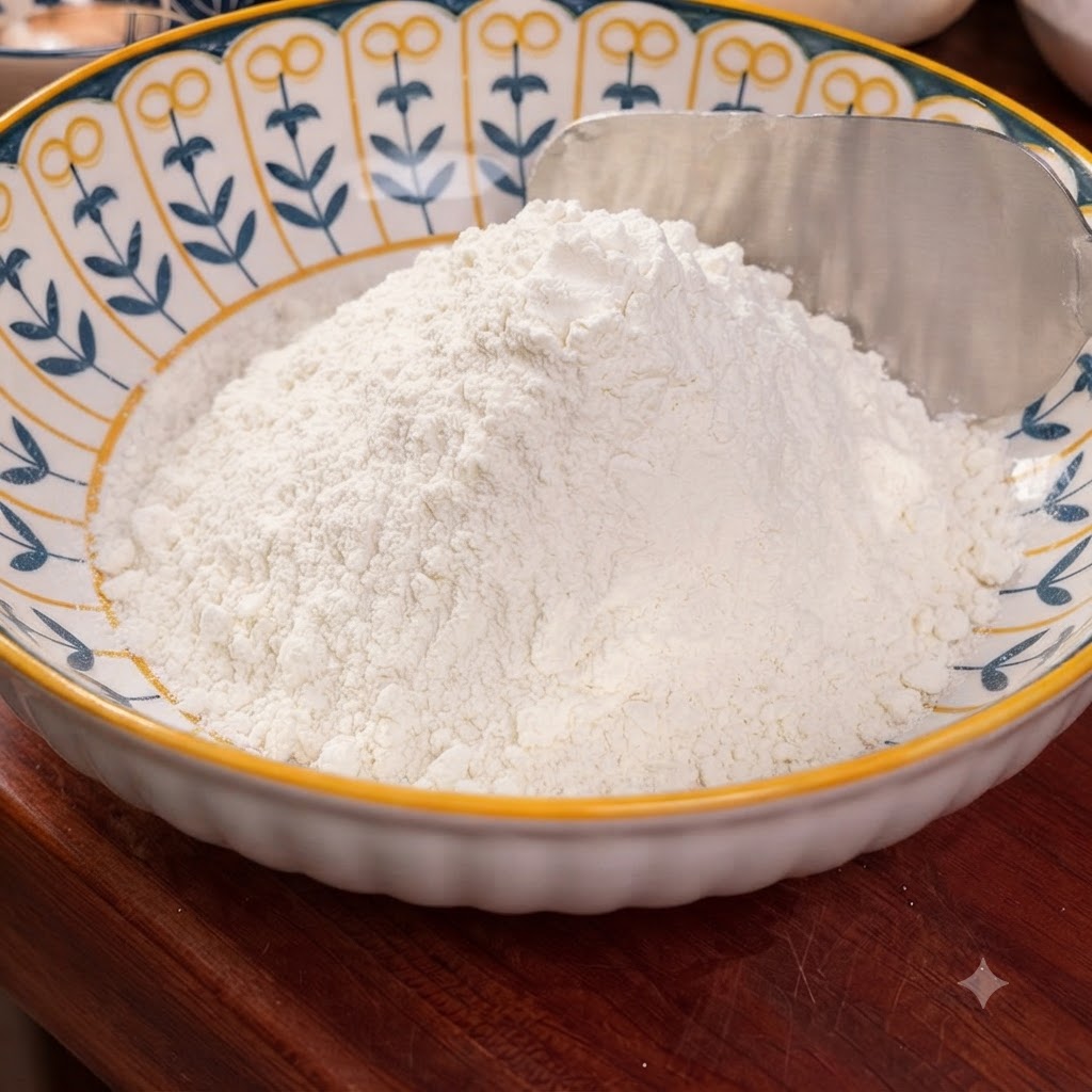 A heap of white flour inside a decorative bowl with a metal scraper resting against the side.