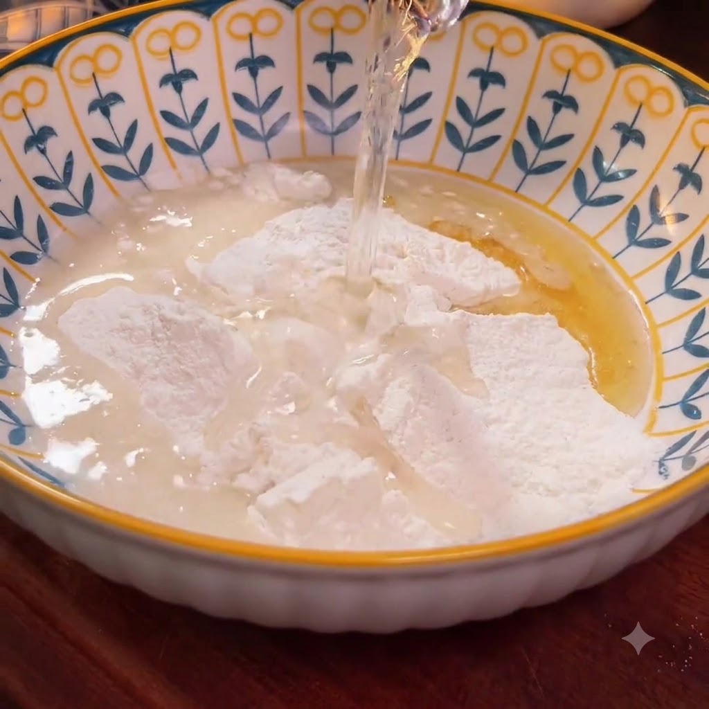 Water being poured from above into a bowl containing flour, forming wet clumps.