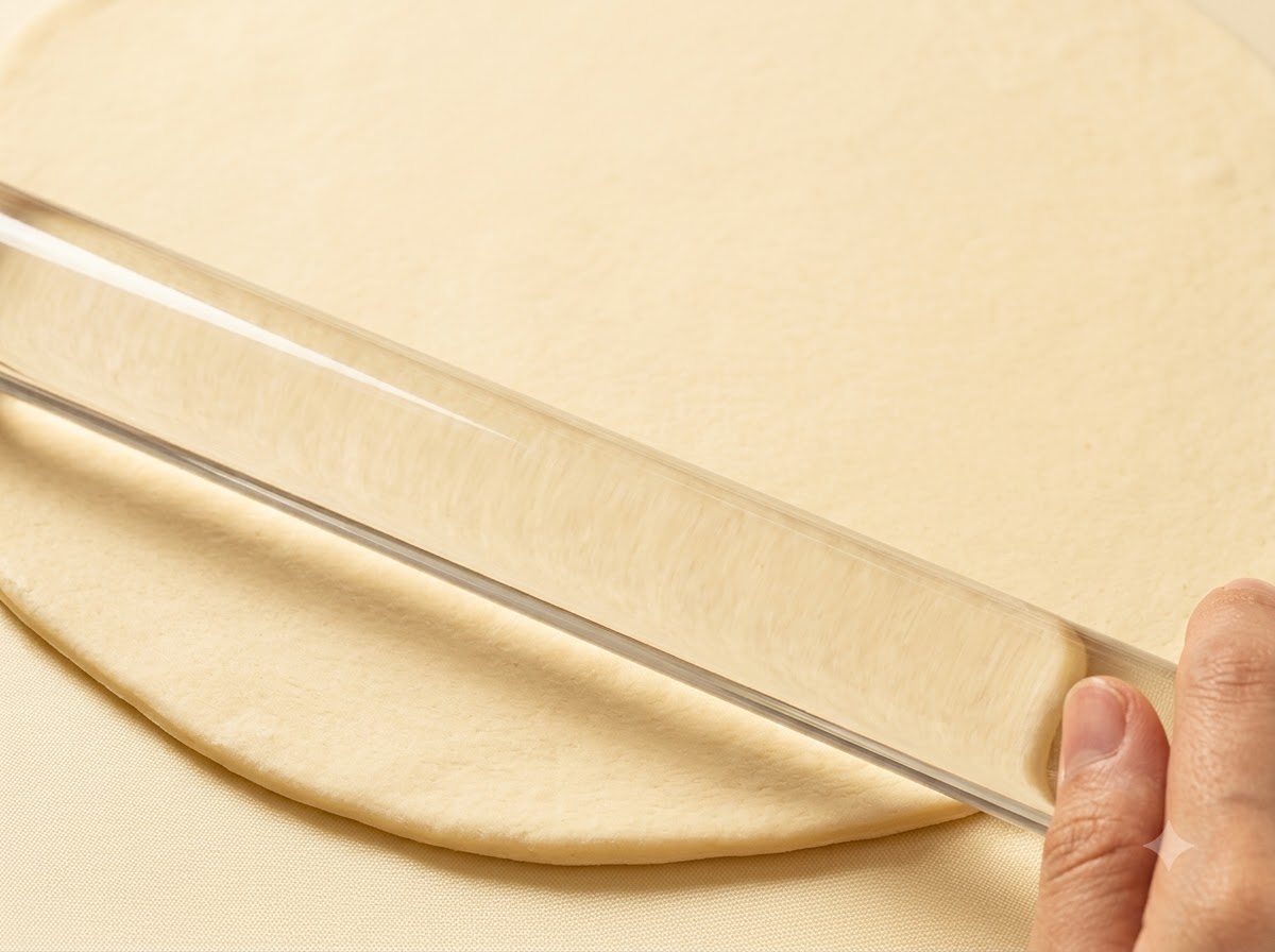 A clear rolling pin flattening a smooth round piece of pizza dough on a clean surface.