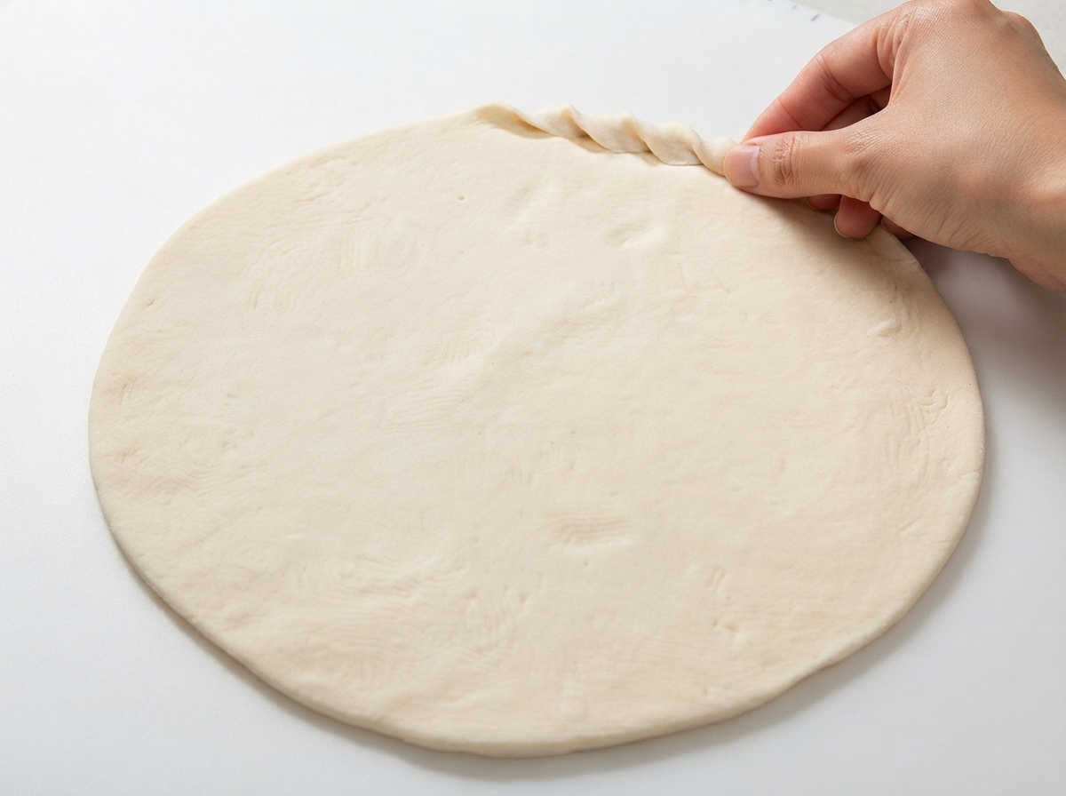 A hand pinching and twisting the edge of a flat round pizza dough to form a patterned crust.