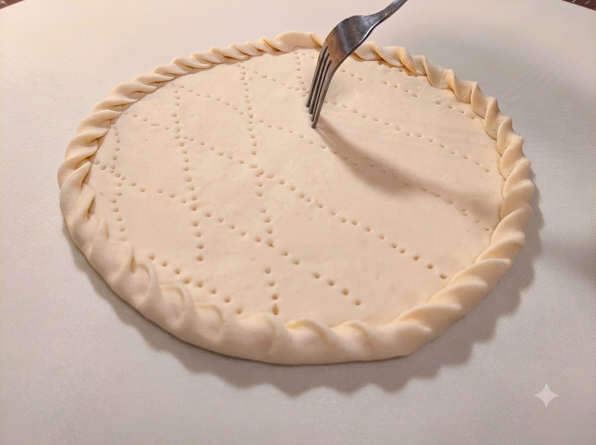 A metal fork puncturing rows of small holes into the center of a shaped pizza dough base.