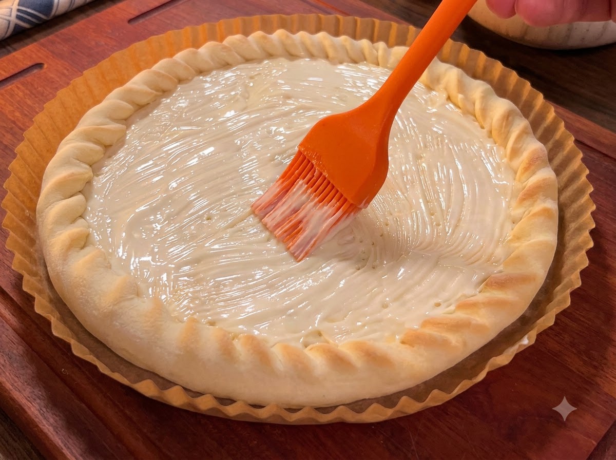A brush spreading white salad dressing evenly over the surface of a round pre-baked pizza crust.