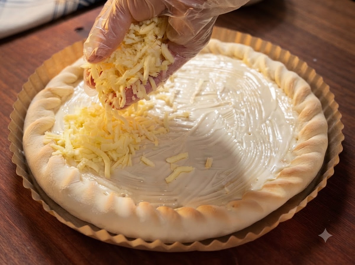 A gloved hand sprinkling shredded mozzarella cheese over the dressing-covered pizza base.