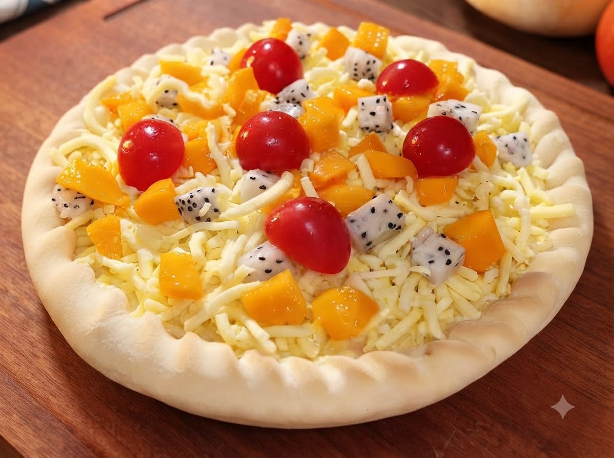 A pizza covered with a thick layer of shredded mozzarella cheese over the fruit ingredients, ready for baking.
