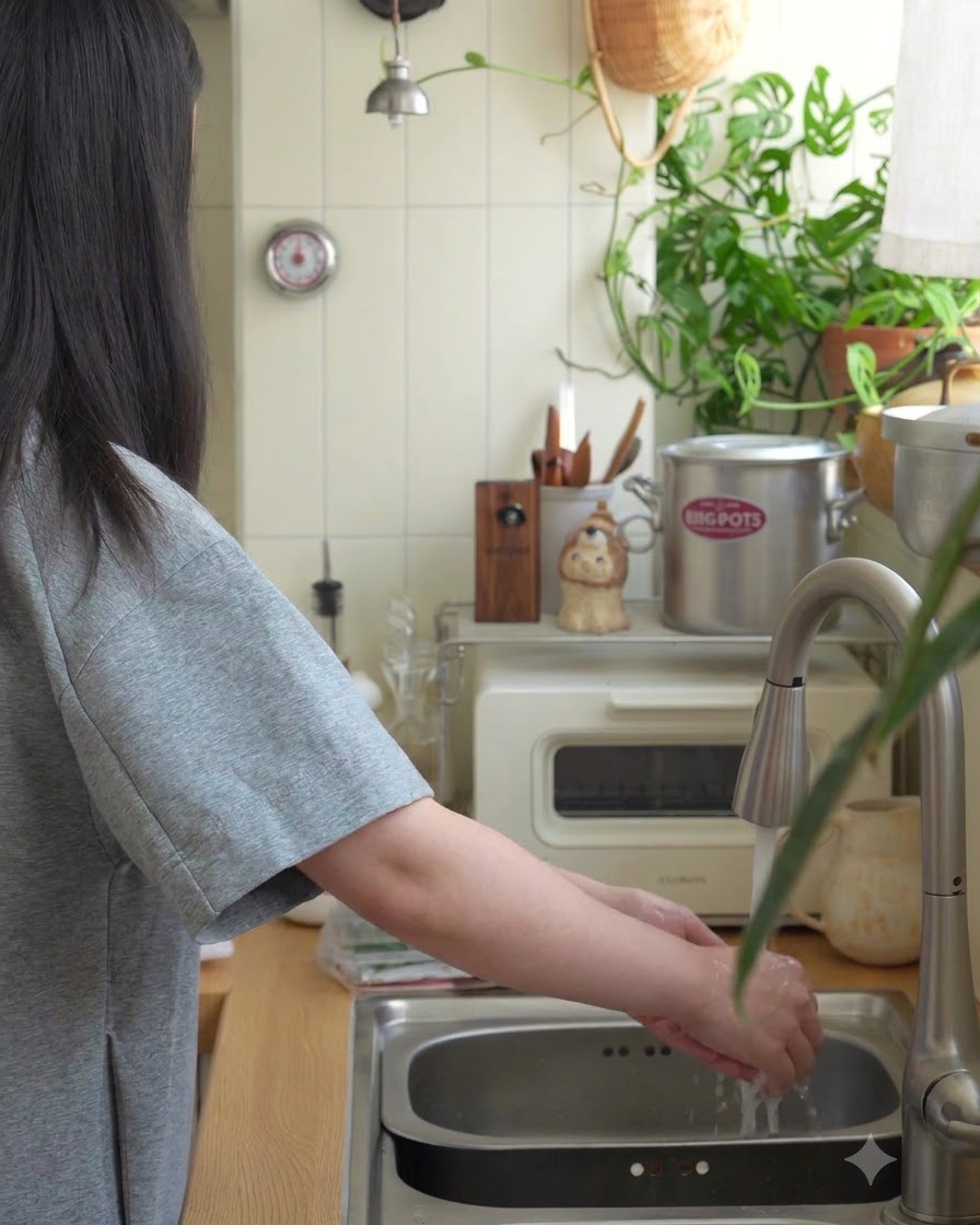 Fresh figs being washed under a kitchen faucet with clean running water.