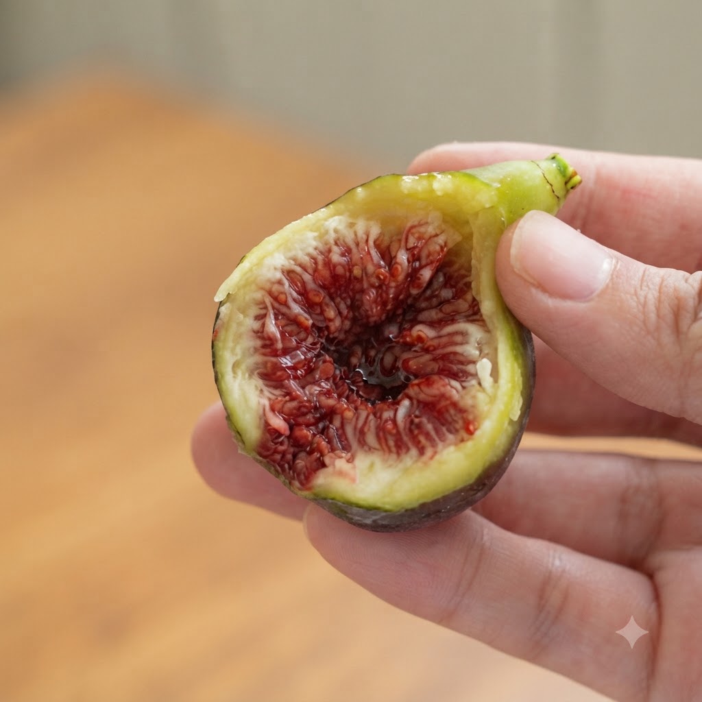 A sharp knife cutting a deep cross pattern into the top of an unpeeled fig.