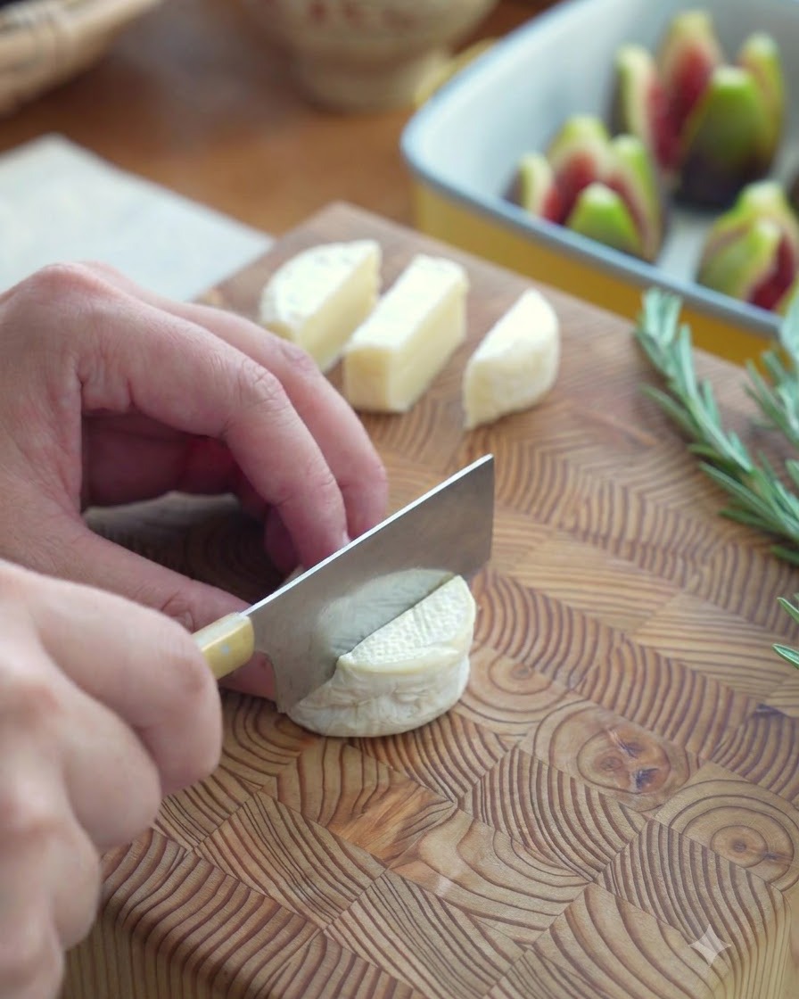 A kitchen knife slicing through a round wheel of mini brie cheese on a wooden board.